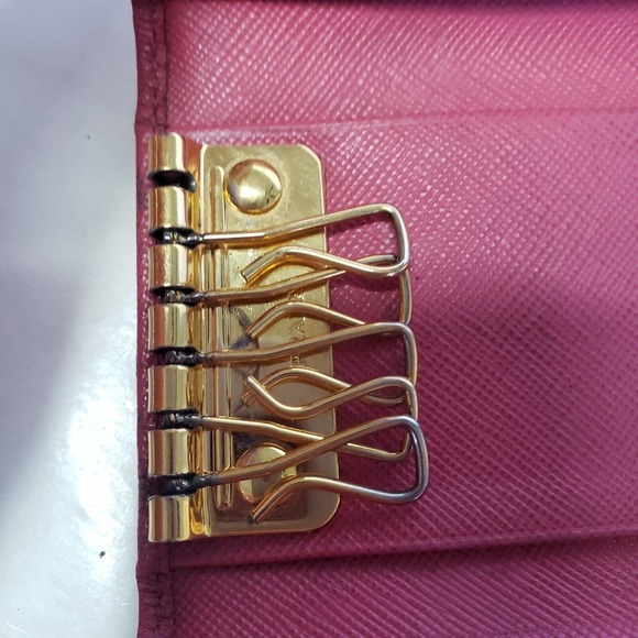 PRADA Leather Logo Wallet Small Pink Saffiano Compact Key Case Hooks Holder Bow - Picture 4 of 12